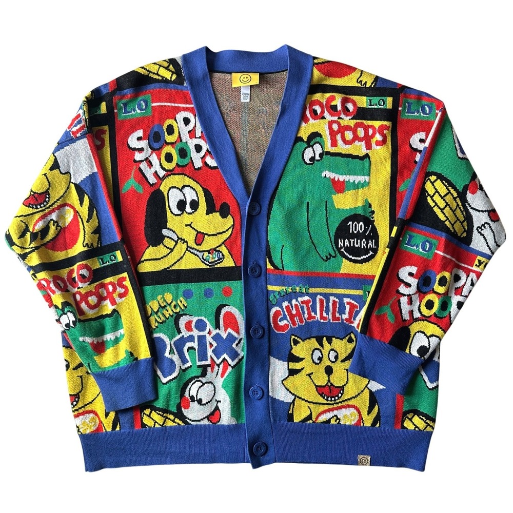 Lazy Oaf Cereal Box Cardigan Multicolor Graphic Knit Oversized V-Neck Sweater